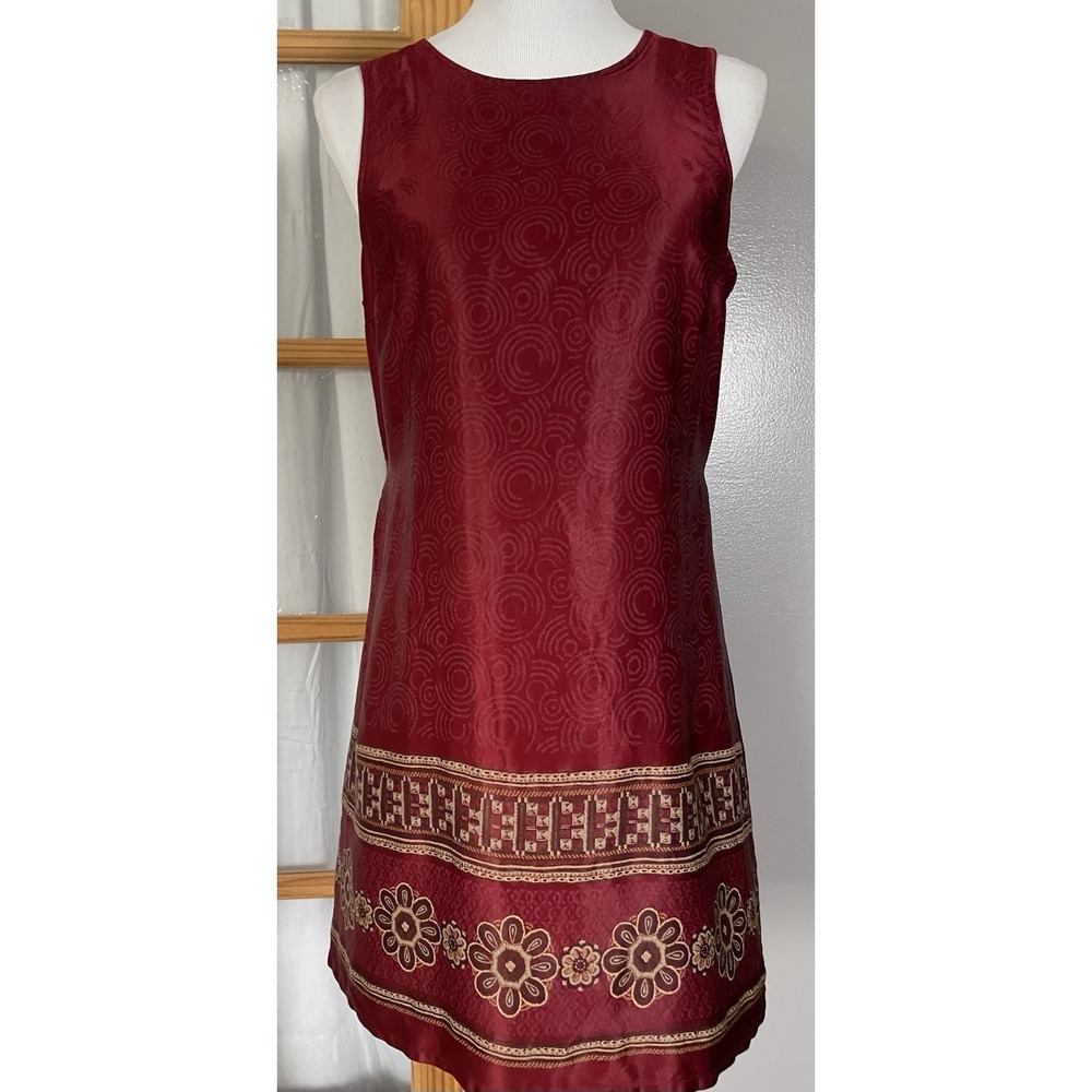 Vtg A-List by Wrapper Mini Dress 13/14 Red Satin Beige Floral Classic USA Made